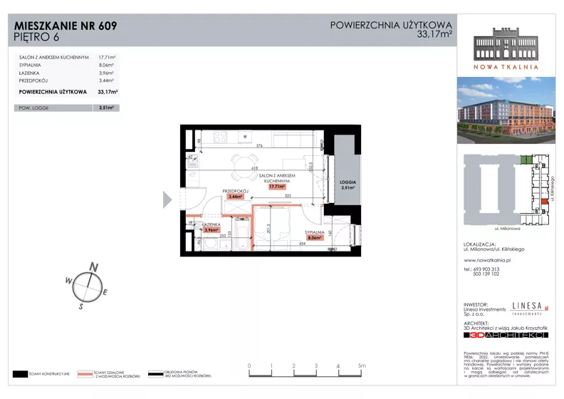 2 pokoje, mieszkanie 33,17 m², piętro 6, oferta nr 609, Nowa Tkalnia, Łódź, Widzew, ul. Milionowa/Kilińskiego