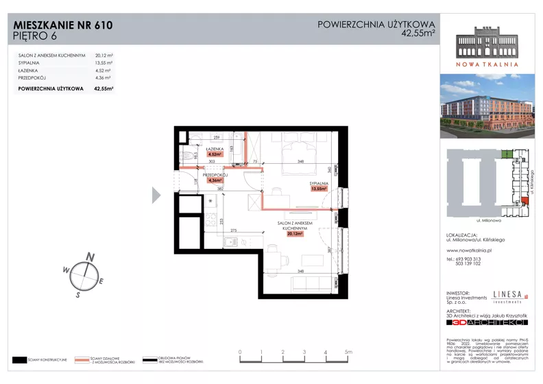 2 pokoje, mieszkanie 42,55 m², piętro 6, oferta nr 610, Nowa Tkalnia, Łódź, Widzew, ul. Milionowa/Kilińskiego