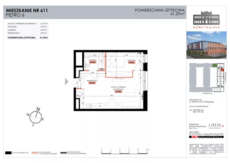 2 pokoje, mieszkanie 41,29 m², piętro 6, oferta nr 611, Nowa Tkalnia, Łódź, Widzew, ul. Milionowa/Kilińskiego