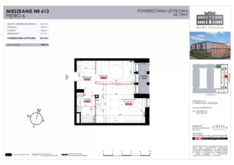 2 pokoje, mieszkanie 42,19 m², piętro 6, oferta nr 613, Nowa Tkalnia, Łódź, Widzew, ul. Milionowa/Kilińskiego