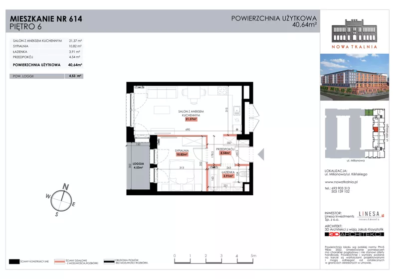 2 pokoje, mieszkanie 40,64 m², piętro 6, oferta nr 614, Nowa Tkalnia, Łódź, Widzew, ul. Milionowa/Kilińskiego