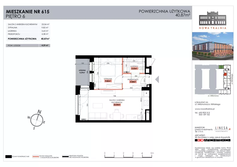 2 pokoje, mieszkanie 40,87 m², piętro 6, oferta nr 615, Nowa Tkalnia, Łódź, Widzew, ul. Milionowa/Kilińskiego
