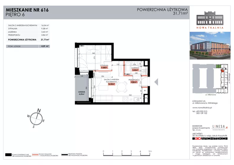 2 pokoje, mieszkanie 31,70 m², piętro 6, oferta nr 616, Nowa Tkalnia, Łódź, Widzew, ul. Milionowa/Kilińskiego