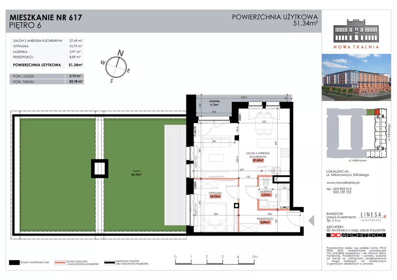 2 pokoje, mieszkanie 51,34 m², piętro 6, oferta nr 617, Nowa Tkalnia, Łódź, Widzew, ul. Milionowa/Kilińskiego
