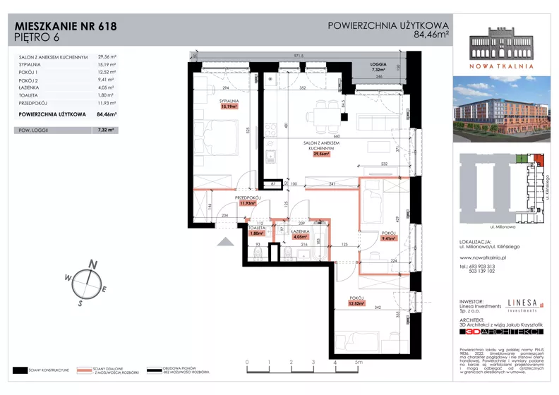 4 pokoje, mieszkanie 84,46 m², piętro 6, oferta nr 618, Nowa Tkalnia, Łódź, Widzew, ul. Milionowa/Kilińskiego