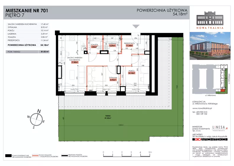 3 pokoje, mieszkanie 54,18 m², piętro 7, oferta nr 701, Nowa Tkalnia, Łódź, Widzew, ul. Milionowa/Kilińskiego
