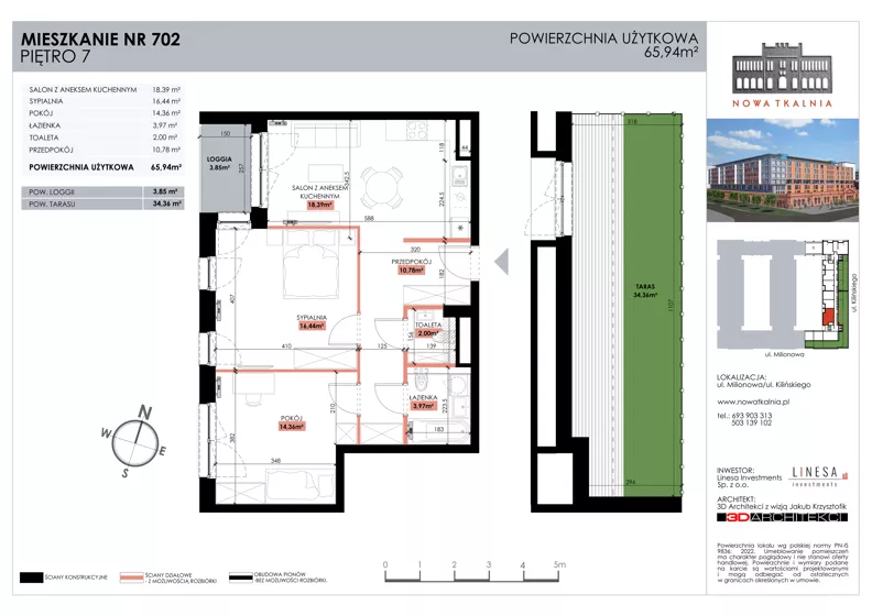 3 pokoje, mieszkanie 65,94 m², piętro 7, oferta nr 702, Nowa Tkalnia, Łódź, Widzew, ul. Milionowa/Kilińskiego
