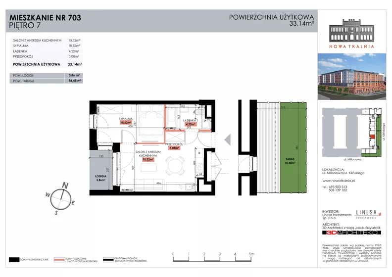 2 pokoje, mieszkanie 33,14 m², piętro 7, oferta nr 703, Nowa Tkalnia, Łódź, Widzew, ul. Milionowa/Kilińskiego