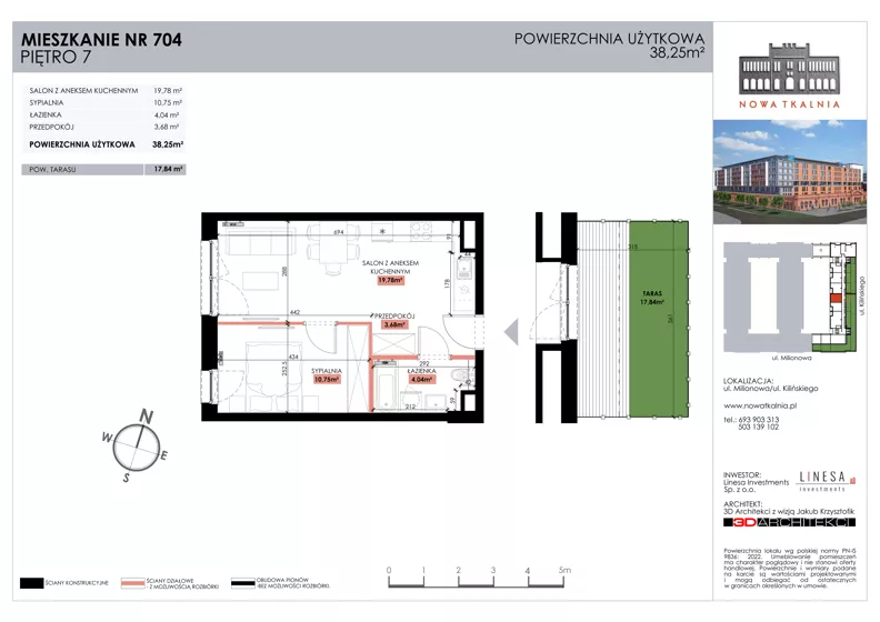 2 pokoje, mieszkanie 38,25 m², piętro 7, oferta nr 704, Nowa Tkalnia, Łódź, Widzew, ul. Milionowa/Kilińskiego