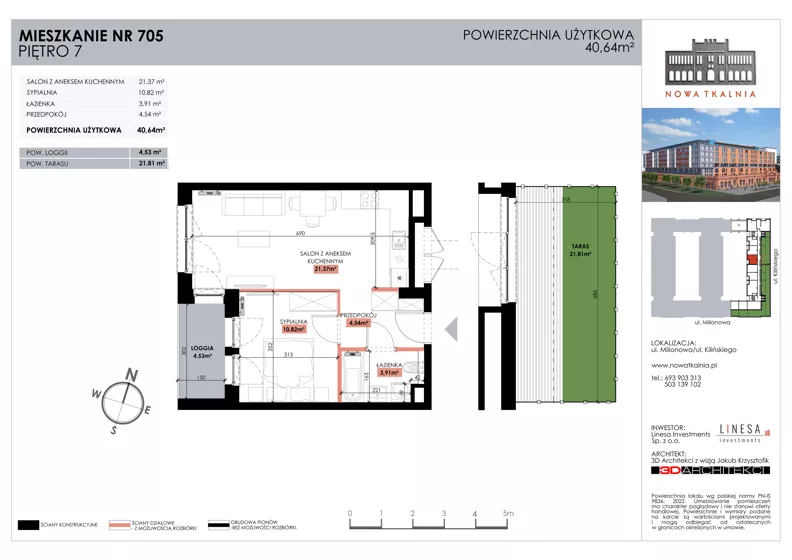 2 pokoje, mieszkanie 40,64 m², piętro 7, oferta nr 705, Nowa Tkalnia, Łódź, Widzew, ul. Milionowa/Kilińskiego