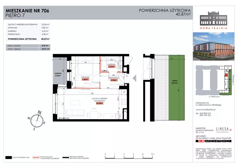 2 pokoje, mieszkanie 40,87 m², piętro 7, oferta nr 706, Nowa Tkalnia, Łódź, Widzew, ul. Milionowa/Kilińskiego