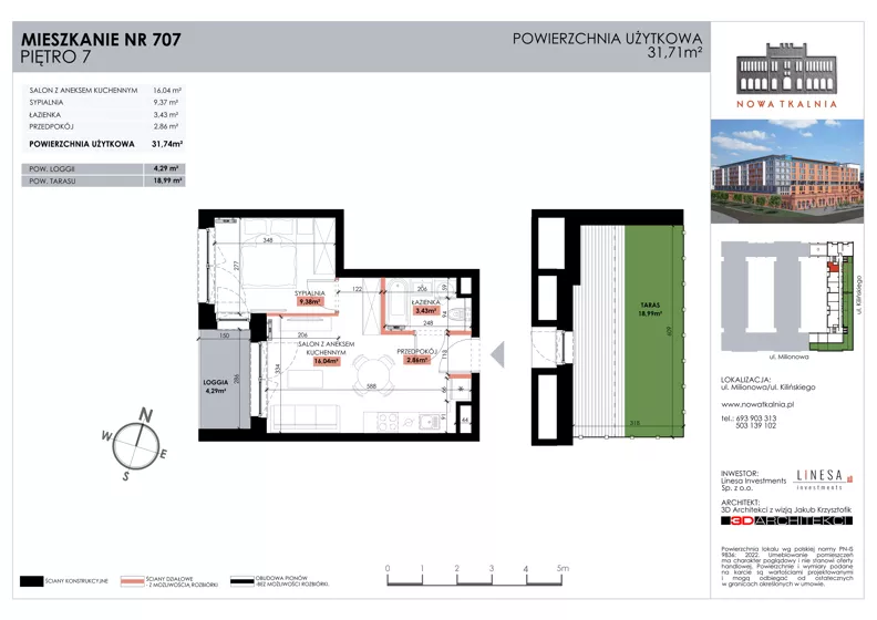2 pokoje, mieszkanie 31,70 m², piętro 7, oferta nr 707, Nowa Tkalnia, Łódź, Widzew, ul. Milionowa/Kilińskiego