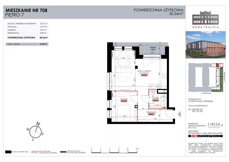 2 pokoje, mieszkanie 50,66 m², piętro 7, oferta nr 708, Nowa Tkalnia, Łódź, Widzew, ul. Milionowa/Kilińskiego