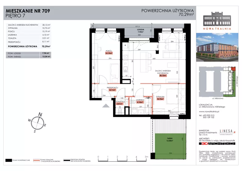3 pokoje, mieszkanie 70,29 m², piętro 7, oferta nr 709, Nowa Tkalnia, Łódź, Widzew, ul. Milionowa/Kilińskiego