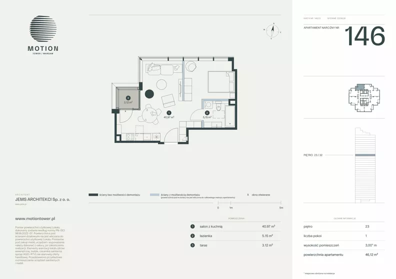 1 pokój, apartament 46,12 m², piętro 23, oferta nr A2.146, Motion Tower, Warszawa, Wola, Mirów, ul. Wronia 9