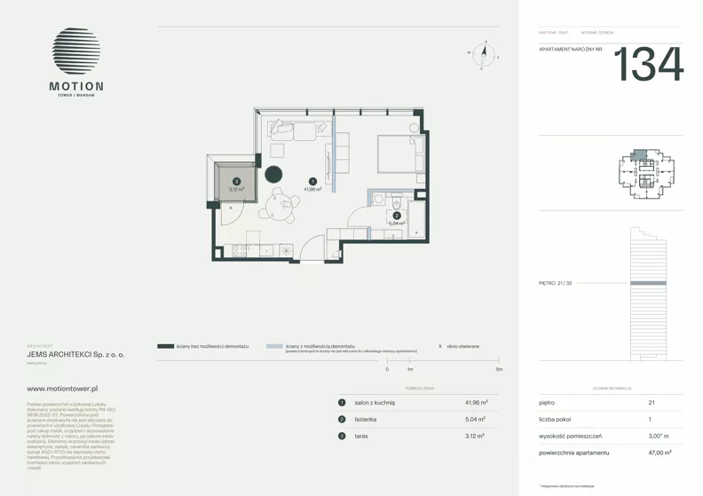 1 pokój, apartament 47,00 m², piętro 21, oferta nr A2.134, Motion Tower, Warszawa, Wola, Mirów, ul. Wronia 9