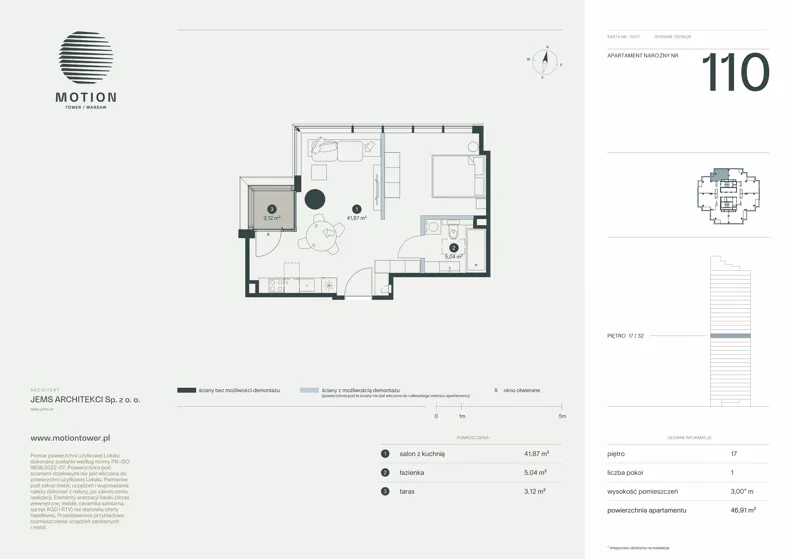 1 pokój, apartament 46,91 m², piętro 17, oferta nr A2.110, Motion Tower, Warszawa, Wola, Mirów, ul. Wronia 9