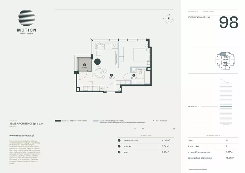 1 pokój, apartament 46,91 m², piętro 15, oferta nr A2.98, Motion Tower, Warszawa, Wola, Mirów, ul. Wronia 9