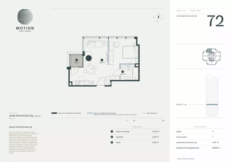 1 pokój, apartament 46,96 m², piętro 11, oferta nr A2.72, Motion Tower, Warszawa, Wola, Mirów, ul. Wronia 9