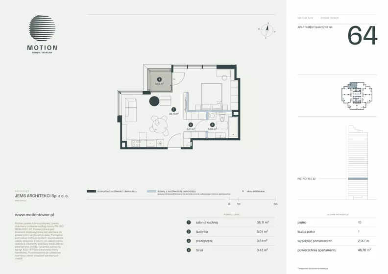 1 pokój, apartament 46,76 m², piętro 10, oferta nr A2.64, Motion Tower, Warszawa, Wola, Mirów, ul. Wronia 9