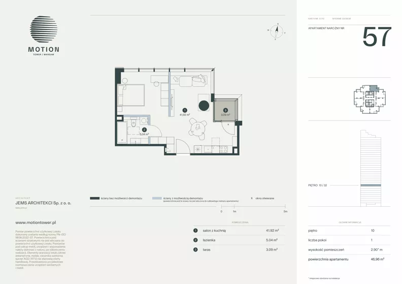 1 pokój, apartament 46,96 m², piętro 10, oferta nr A2.57, Motion Tower, Warszawa, Wola, Mirów, ul. Wronia 9