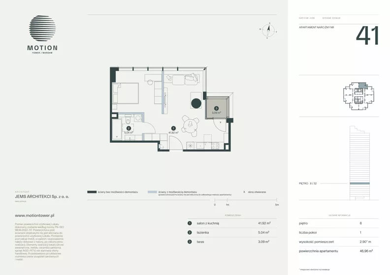 1 pokój, apartament 46,96 m², piętro 8, oferta nr A2.41, Motion Tower, Warszawa, Wola, Mirów, ul. Wronia 9