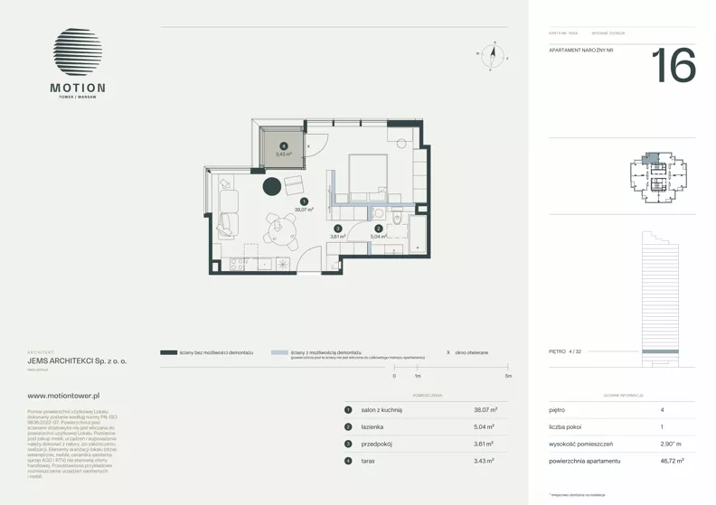 1 pokój, apartament 46,72 m², piętro 4, oferta nr A2.16, Motion Tower, Warszawa, Wola, Mirów, ul. Wronia 9