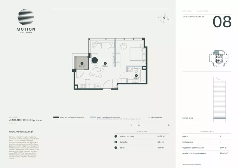 1 pokój, apartament 46,92 m², piętro 3, oferta nr A2.8, Motion Tower, Warszawa, Wola, Mirów, ul. Wronia 9