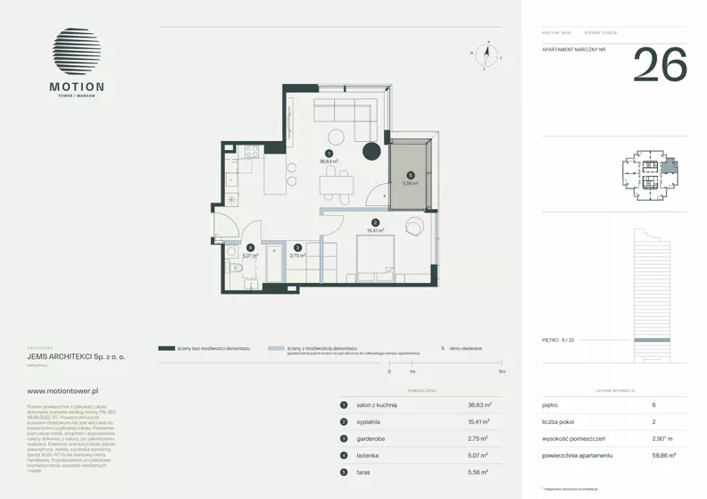 2 pokoje, apartament 59,86 m², piętro 6, oferta nr A2.26, Motion Tower, Warszawa, Wola, Mirów, ul. Wronia 9