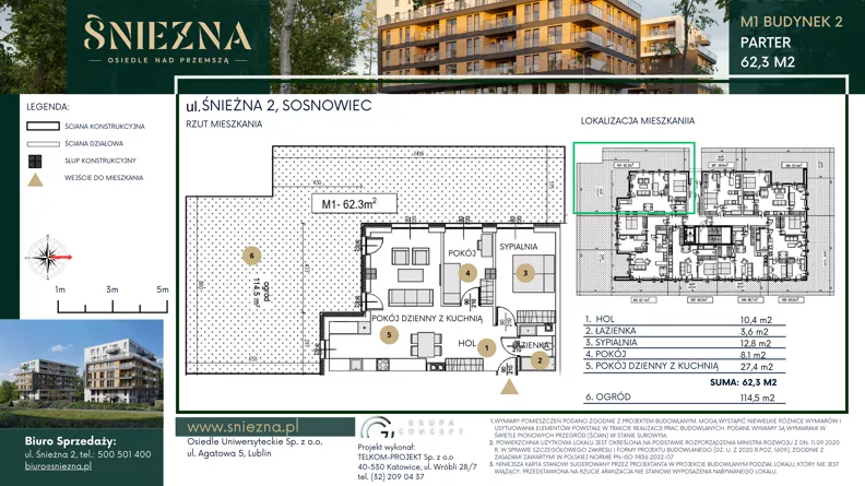 3 pokoje, mieszkanie 62,30 m², parter, oferta nr B01, Śnieżna - Osiedle nad Przemszą, Sosnowiec, Pogoń, ul. Śnieżna 2