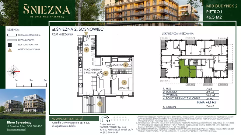 2 pokoje, mieszkanie 46,50 m², piętro 1, oferta nr B10, Śnieżna - Osiedle nad Przemszą, Sosnowiec, Pogoń, ul. Śnieżna 2