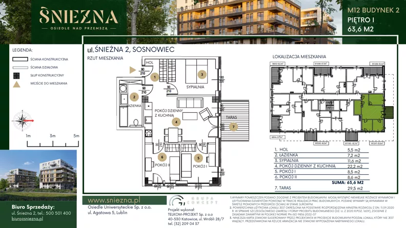 4 pokoje, mieszkanie 63,60 m², piętro 1, oferta nr B12, Śnieżna - Osiedle nad Przemszą, Sosnowiec, Pogoń, ul. Śnieżna 2