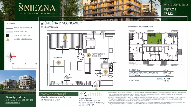2 pokoje, mieszkanie 47,00 m², piętro 1, oferta nr B14, Śnieżna - Osiedle nad Przemszą, Sosnowiec, Pogoń, ul. Śnieżna 2