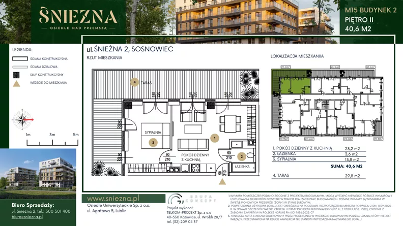 2 pokoje, mieszkanie 40,60 m², piętro 2, oferta nr B15, Śnieżna - Osiedle nad Przemszą, Sosnowiec, Pogoń, ul. Śnieżna 2