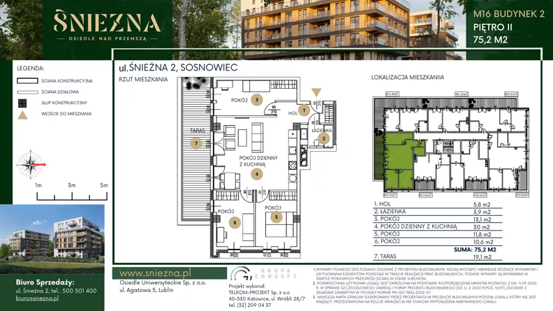 4 pokoje, mieszkanie 75,20 m², piętro 2, oferta nr B16, Śnieżna - Osiedle nad Przemszą, Sosnowiec, Pogoń, ul. Śnieżna 2