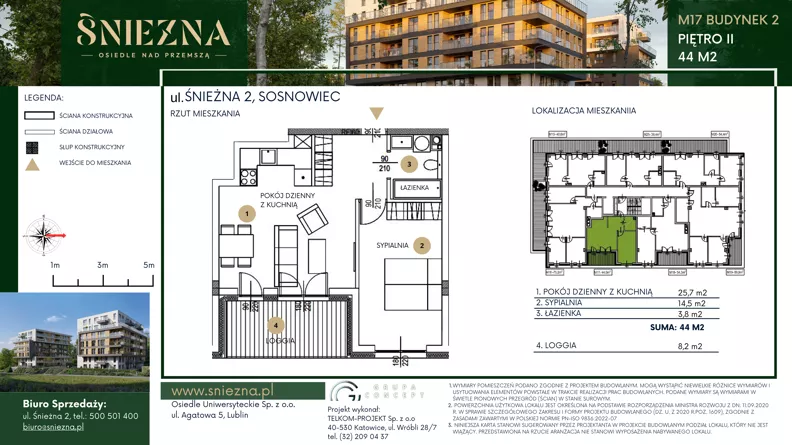 2 pokoje, mieszkanie 44,00 m², piętro 2, oferta nr B17, Śnieżna - Osiedle nad Przemszą, Sosnowiec, Pogoń, ul. Śnieżna 2