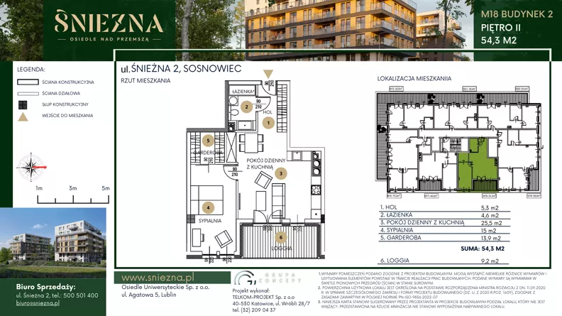 2 pokoje, mieszkanie 54,30 m², piętro 2, oferta nr B18, Śnieżna - Osiedle nad Przemszą, Sosnowiec, Pogoń, ul. Śnieżna 2