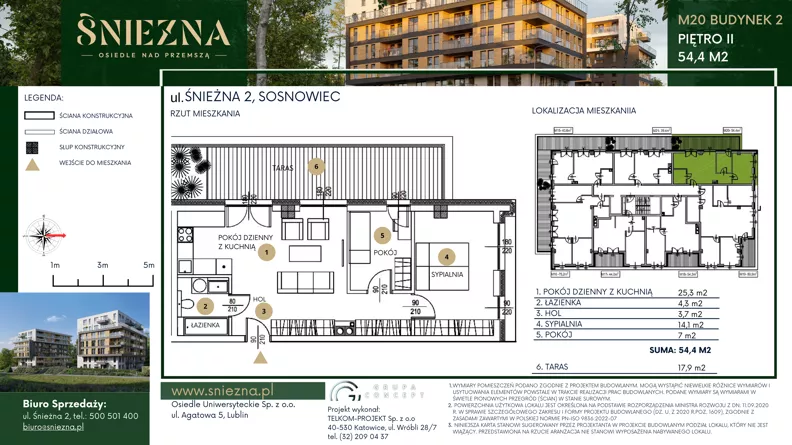 3 pokoje, mieszkanie 54,40 m², piętro 2, oferta nr B20, Śnieżna - Osiedle nad Przemszą, Sosnowiec, Pogoń, ul. Śnieżna 2
