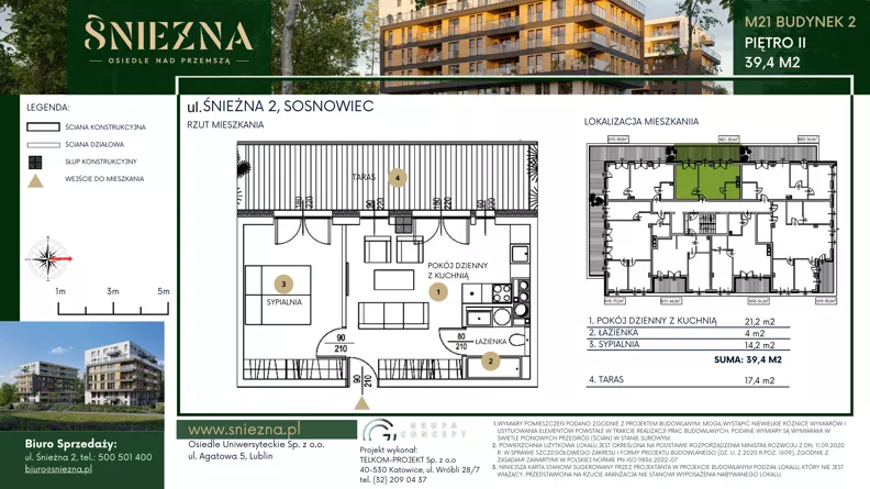 2 pokoje, mieszkanie 39,40 m², piętro 2, oferta nr B21, Śnieżna - Osiedle nad Przemszą, Sosnowiec, Pogoń, ul. Śnieżna 2