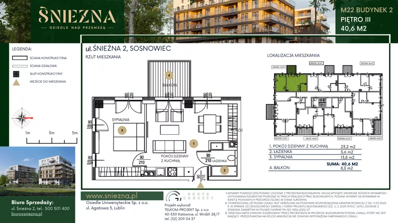 2 pokoje, mieszkanie 40,60 m², piętro 3, oferta nr B22, Śnieżna - Osiedle nad Przemszą, Sosnowiec, Pogoń, ul. Śnieżna 2