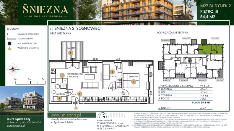 3 pokoje, mieszkanie 54,40 m², piętro 3, oferta nr B27, Śnieżna - Osiedle nad Przemszą, Sosnowiec, Pogoń, ul. Śnieżna 2