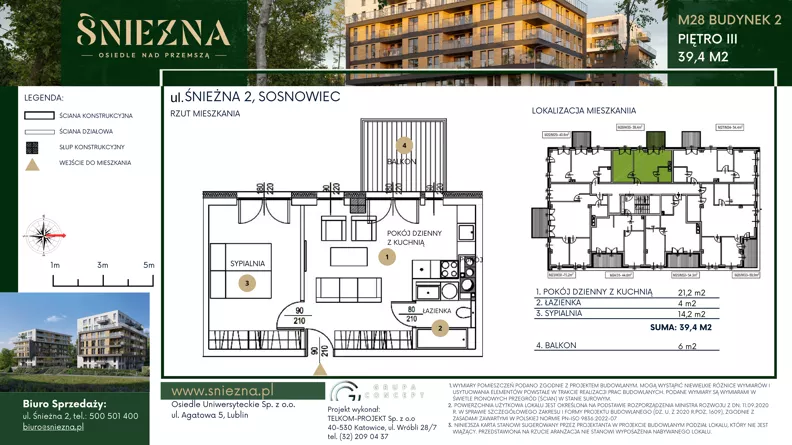 2 pokoje, mieszkanie 39,40 m², piętro 3, oferta nr B28, Śnieżna - Osiedle nad Przemszą, Sosnowiec, Pogoń, ul. Śnieżna 2