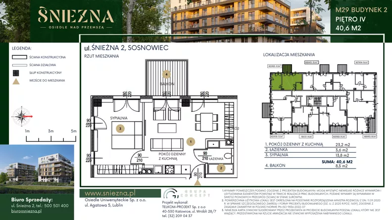 2 pokoje, mieszkanie 40,60 m², piętro 4, oferta nr B29, Śnieżna - Osiedle nad Przemszą, Sosnowiec, Pogoń, ul. Śnieżna 2