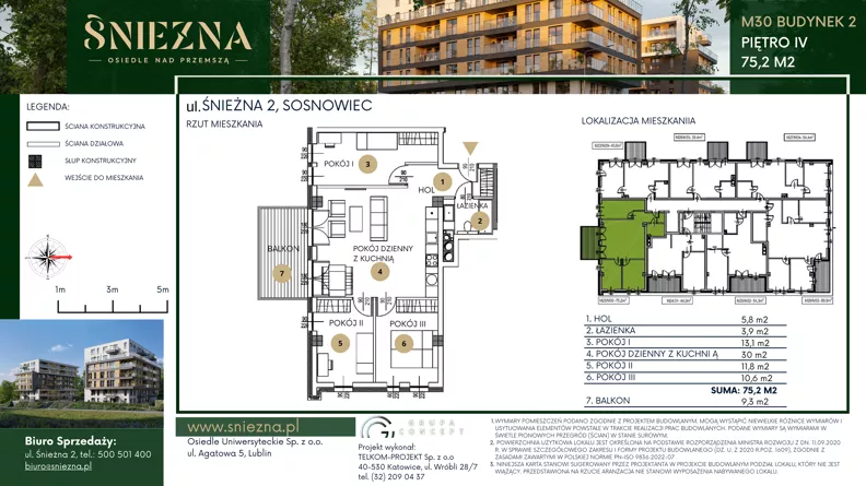 4 pokoje, mieszkanie 75,20 m², piętro 4, oferta nr B30, Śnieżna - Osiedle nad Przemszą, Sosnowiec, Pogoń, ul. Śnieżna 2