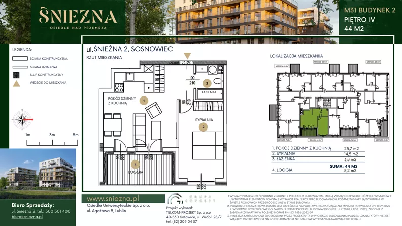 2 pokoje, mieszkanie 44,00 m², piętro 4, oferta nr B31, Śnieżna - Osiedle nad Przemszą, Sosnowiec, Pogoń, ul. Śnieżna 2