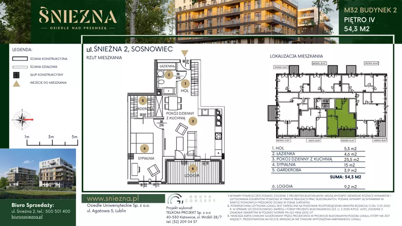 2 pokoje, mieszkanie 54,30 m², piętro 4, oferta nr B32, Śnieżna - Osiedle nad Przemszą, Sosnowiec, Pogoń, ul. Śnieżna 2