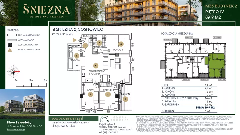 4 pokoje, mieszkanie 89,90 m², piętro 4, oferta nr B33, Śnieżna - Osiedle nad Przemszą, Sosnowiec, Pogoń, ul. Śnieżna 2