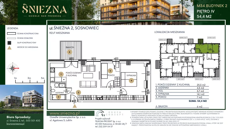 3 pokoje, mieszkanie 54,40 m², piętro 4, oferta nr B34, Śnieżna - Osiedle nad Przemszą, Sosnowiec, Pogoń, ul. Śnieżna 2
