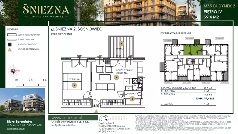 2 pokoje, mieszkanie 39,40 m², piętro 4, oferta nr B35, Śnieżna - Osiedle nad Przemszą, Sosnowiec, Pogoń, ul. Śnieżna 2