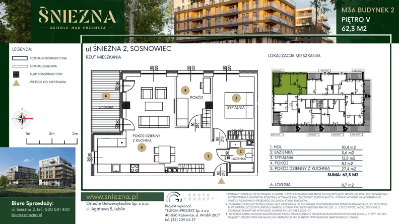 3 pokoje, mieszkanie 62,30 m², piętro 5, oferta nr B36, Śnieżna - Osiedle nad Przemszą, Sosnowiec, Pogoń, ul. Śnieżna 2